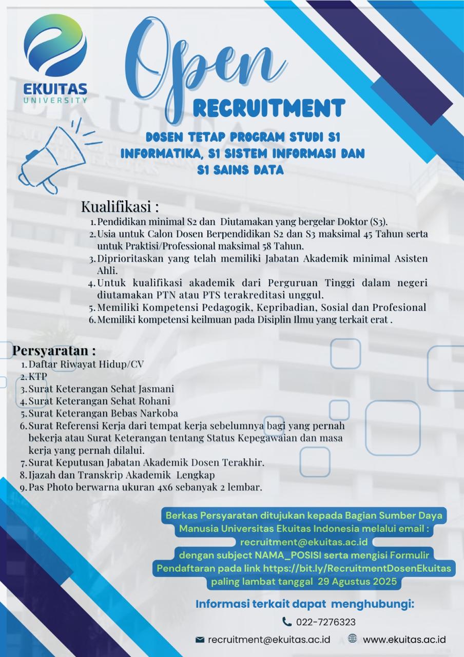 Open Recruitment: Dosen Tetap Program Studi S1 Informatika, S1 Sistem Informasi dan S1 Sains Data